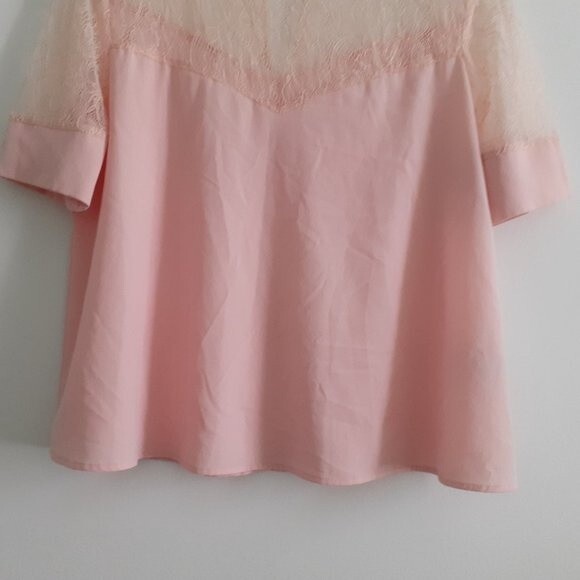 Unique Spectrum Blush Pink Peach Mesh Floral Lace Top Back Keyhole Baby Doll Top - Picture 7 of 10